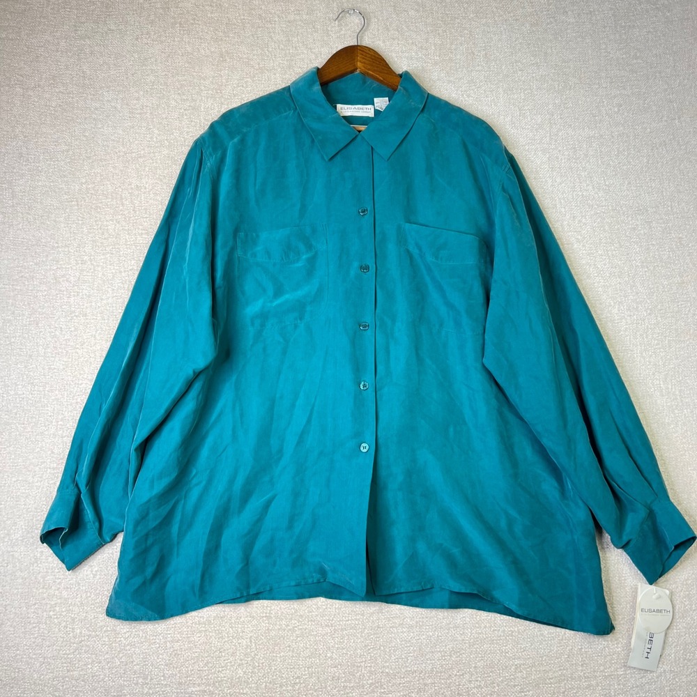 Vtg 90s Elisabeth Liz Claiborne 100% Silk Blouse Size 22 Teal Button Down Plus